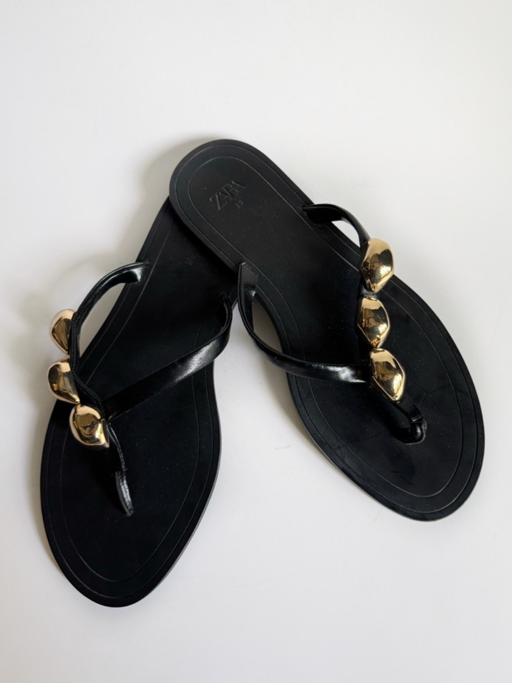 Zara Black Sandal Thongs with Gold Orb Detailing